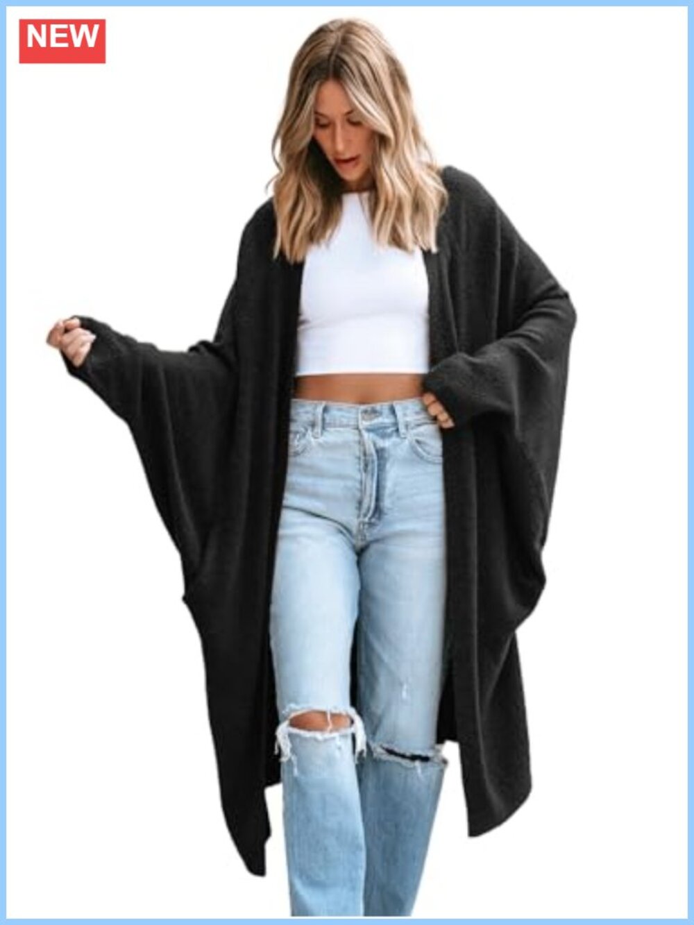 Open Front Duster Cardigan Long Sleeve Knit Sweater with Pockets